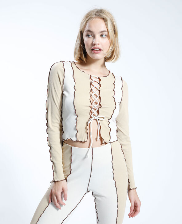 T-shirt à lacets bicolore beige - Pimkie