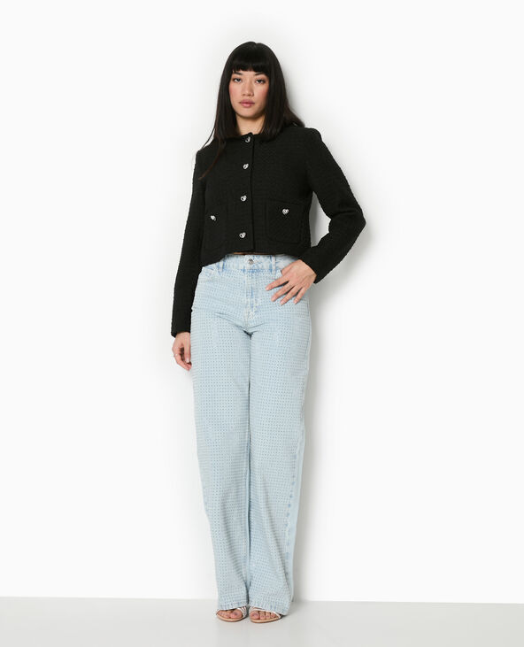 Veste courte en tweed avec boutons cœur noir - Pimkie