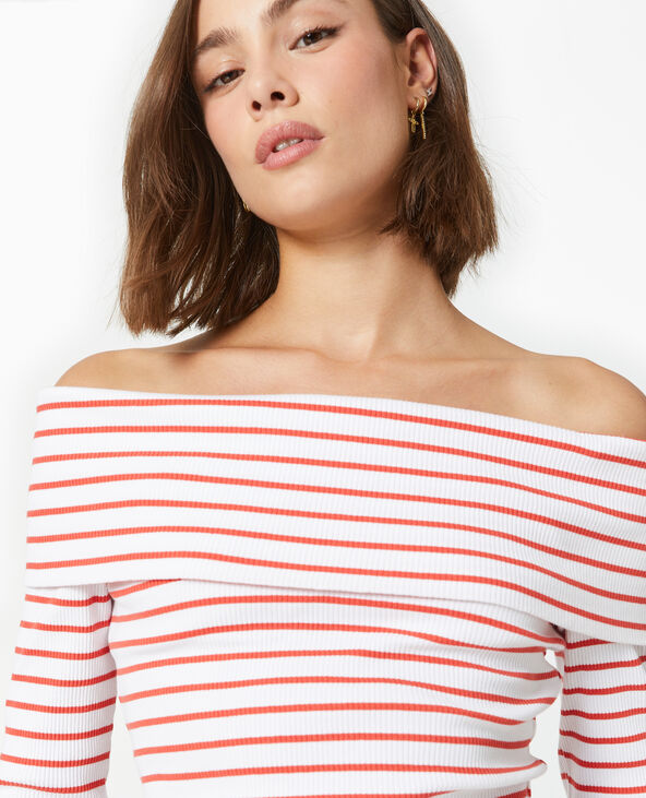 Top en maille côtelée encolure Bardot rayé rouge - Pimkie