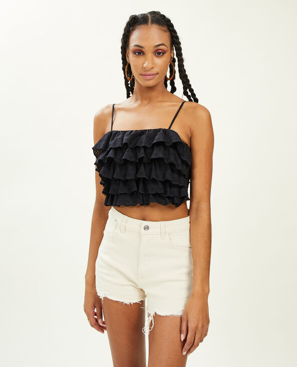 Top court à volants en broderie anglaise noir - Pimkie