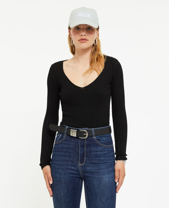 Pull col V en maille côtes plates noir - Pimkie