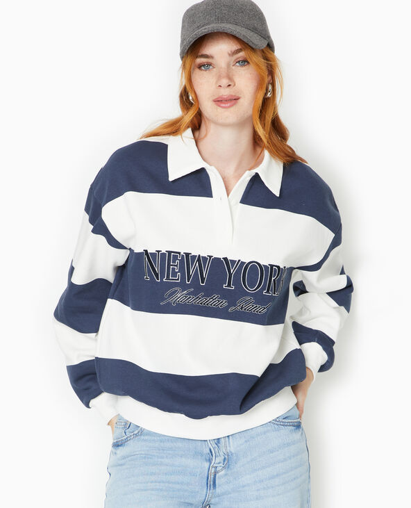 Sweat à rayures avec col polo et broderie bleu - Pimkie