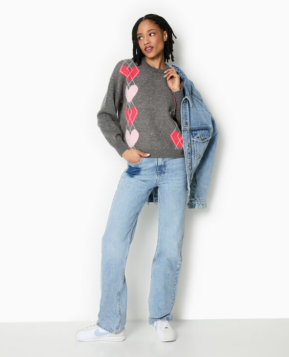 Pull col rond motif jacquard et cœurs gris foncé - Pimkie