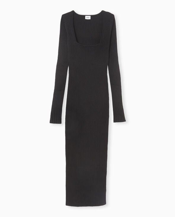 Robe longue en maille côtelée encolure carrée noir - Pimkie