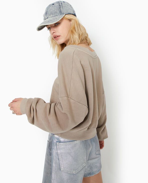 Sweat grand col V taupe - Pimkie