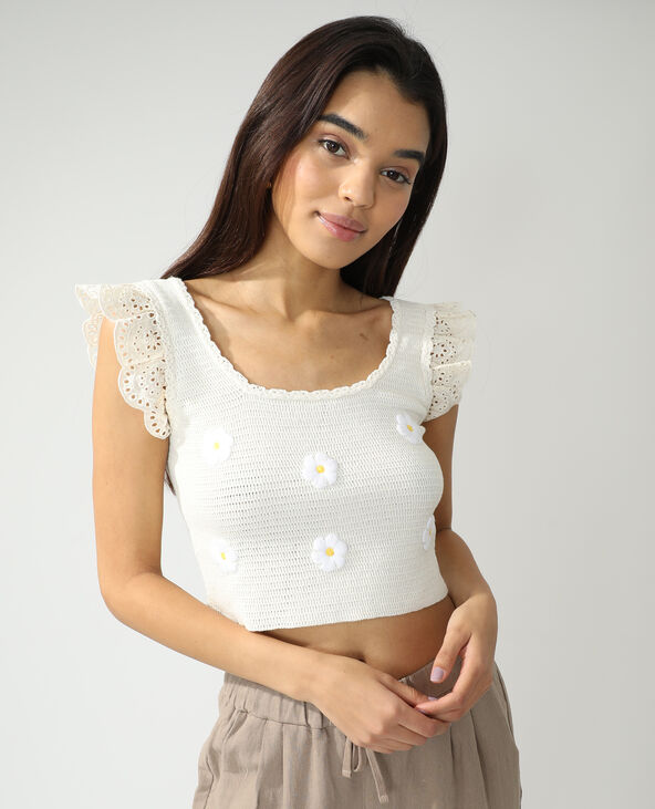 Top fleuri à dentelle anglaise écru - Pimkie