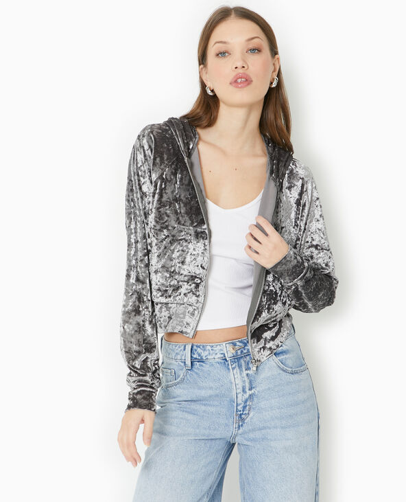 Sweat zippé en velours avec capuche gris - Pimkie