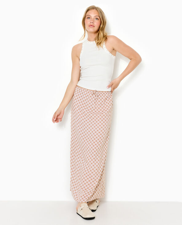 Jupe longue ceinture élastiquée motif carreaux beige - Pimkie