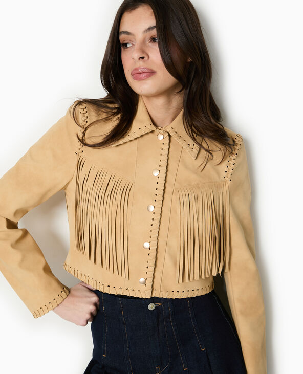 Veste western courte en suédine avec franges beige - Pimkie