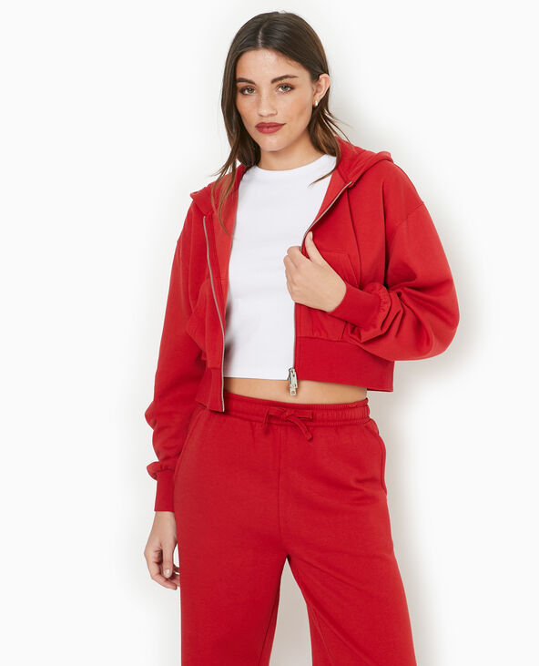 Sweat zippé court avec capuche rouge - Pimkie