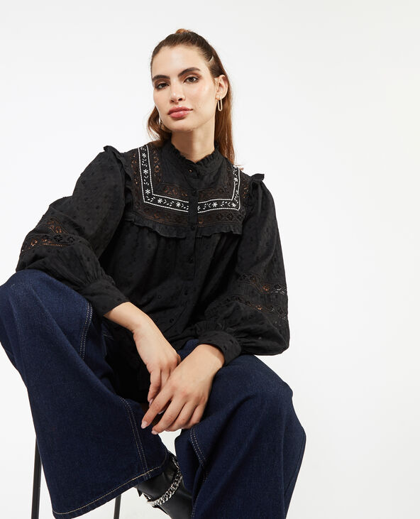 Blouse boutonnée avec dentelle et volants noir - Pimkie