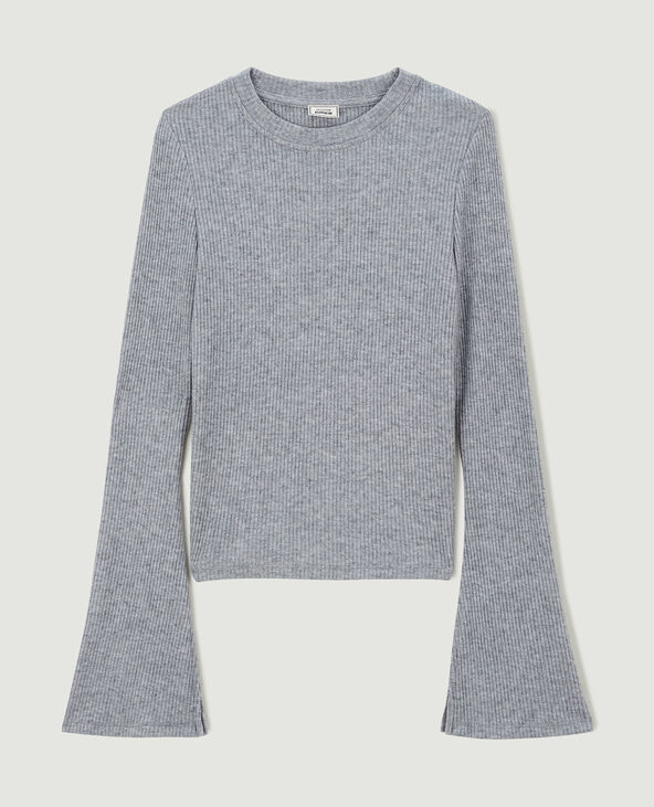 Pull fin en maille côtelée col rond gris - Pimkie