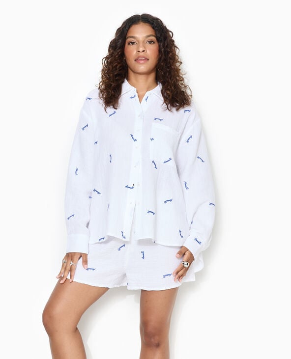 Chemise en gaze de coton avec broderies Amour blanc - Pimkie