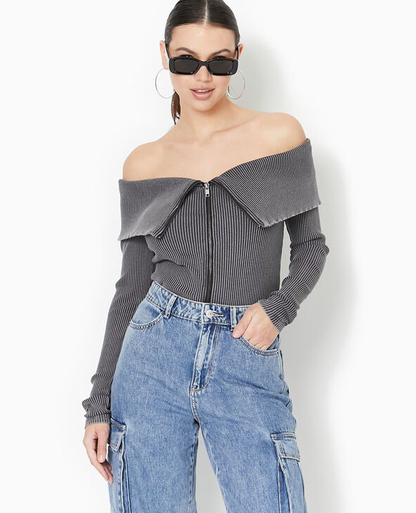 Top zippé encolure Bardot  gris - Pimkie