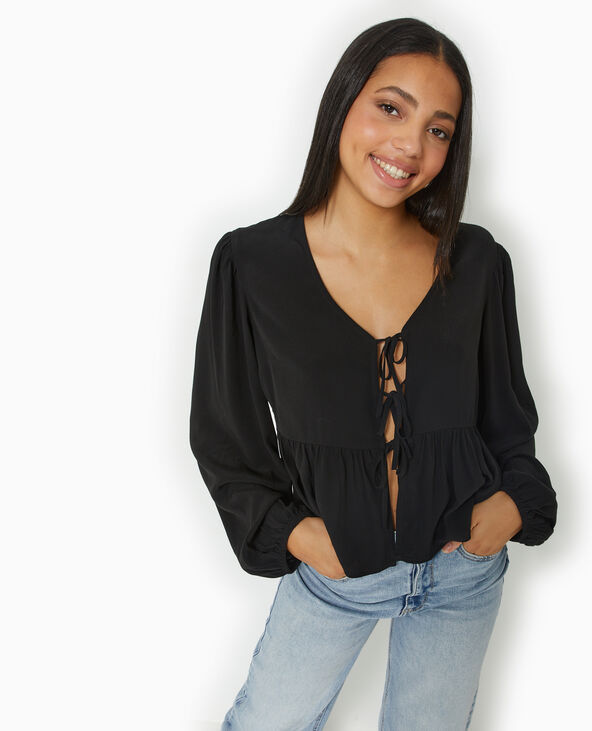 Blouse avec nouettes et manches ballons noir - Pimkie