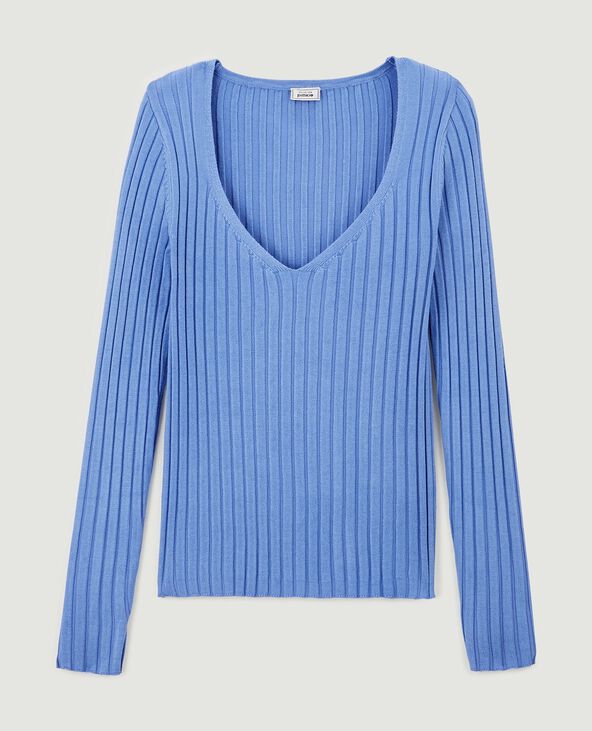 Pull col V maille côtes plates bleu - Pimkie