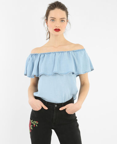 Blouse volant bardot Jean bleached - Pimkie