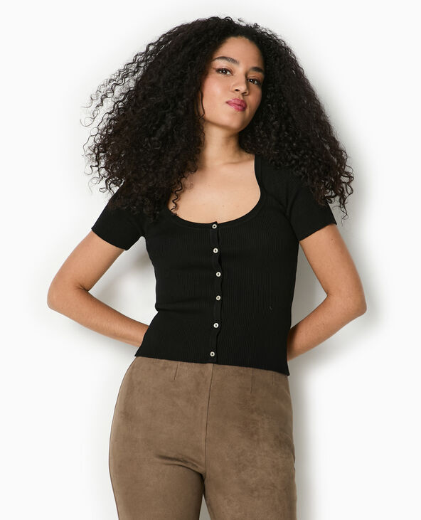 T-shirt boutonné en maille côtelée noir - Pimkie