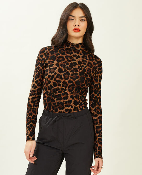 Top manches longues col montant motif léopard camel - Pimkie