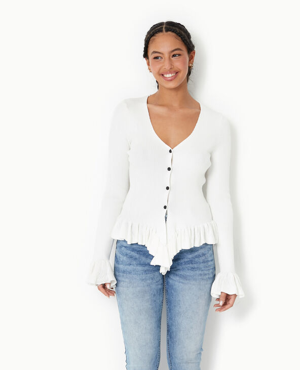 Gilet en fine maille côtelée avec volants blanc - Pimkie