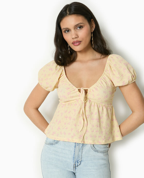 T-shirt manches ballons avec nouette jaune - Pimkie