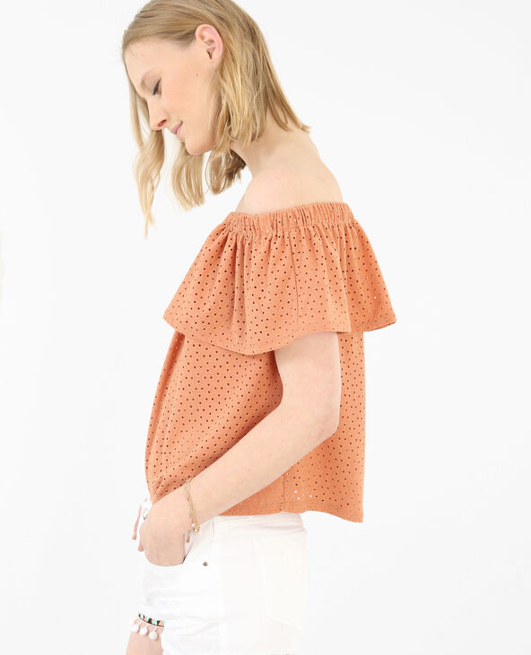 Top bardot effet broderie anglaise vieux rose - Pimkie