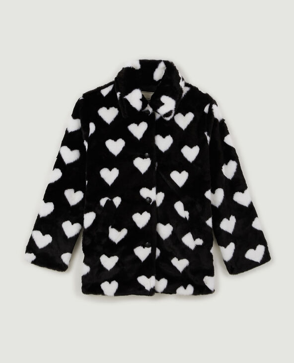 Manteau fausse fourrure imprimé cœurs noir - Pimkie