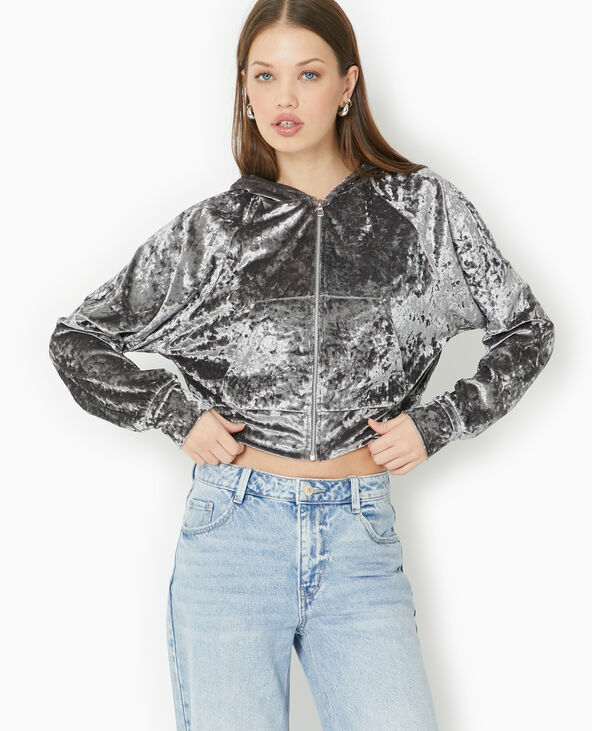 Sweat zippé en velours avec capuche gris - Pimkie