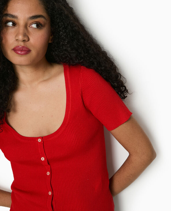 T-shirt boutonné en maille côtelée rouge - Pimkie
