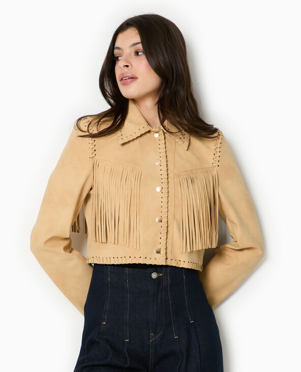 Veste western courte en suédine avec franges beige - Pimkie