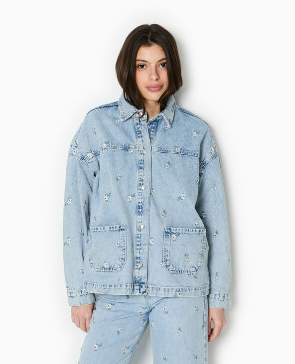 Veste droite en jean avec broderies fleurs all over bleu clair - Pimkie