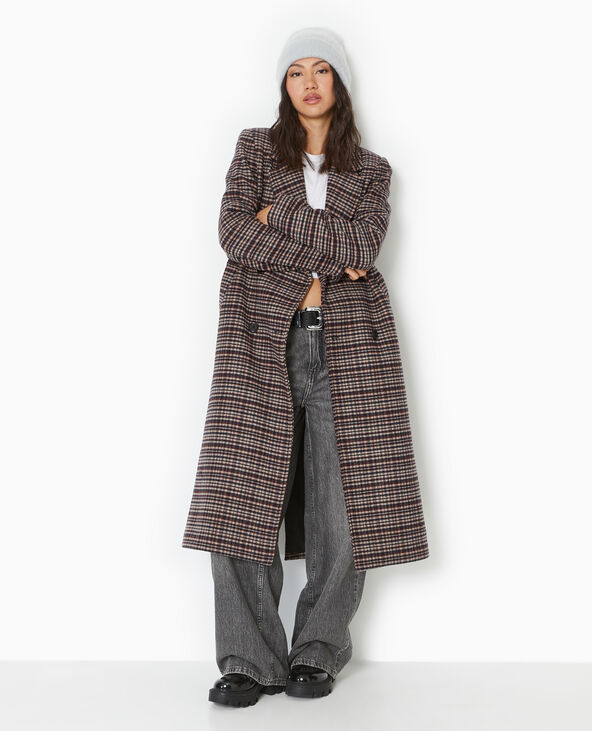 Manteau long avec laine motif carreaux gris foncé - Pimkie
