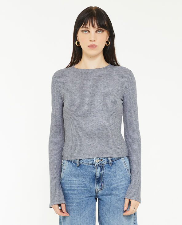 Pull fin en maille côtelée col rond gris - Pimkie