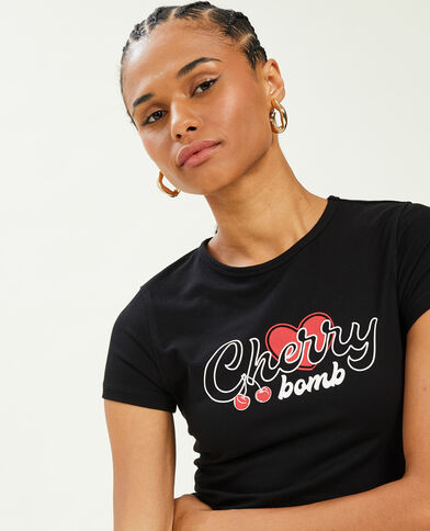 T-shirt court avec motif noir - Pimkie