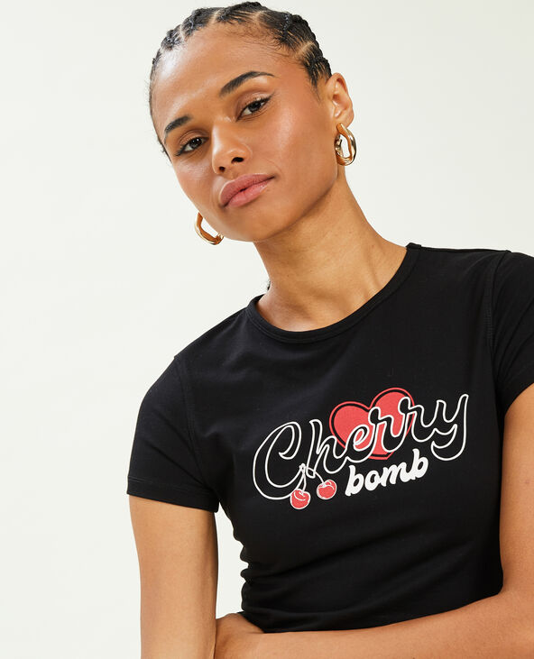 T-shirt court avec motif noir - Pimkie