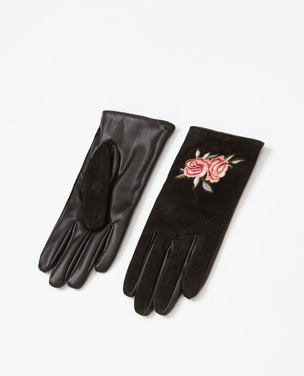 Gants bimatière brodés noir - Pimkie