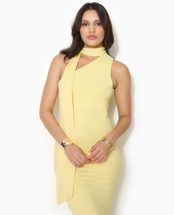 Robe longue et moulante asymétrique avec foulard Jaune pâle - Pimkie