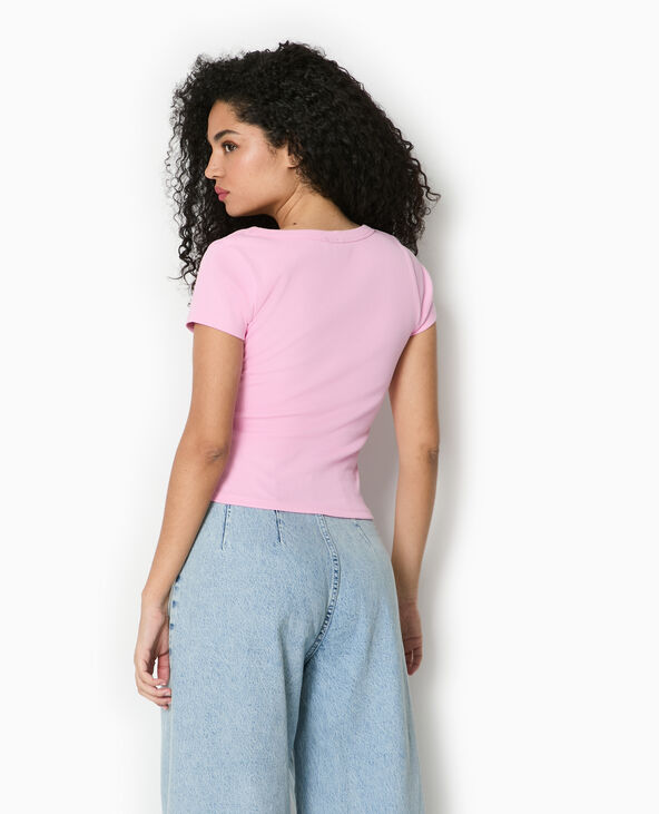 T-shirt maille côtelée grande encolure rose - Pimkie