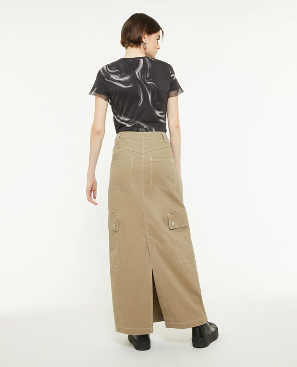 Jupe longue en toile avec surpiqûres vert kaki - Pimkie