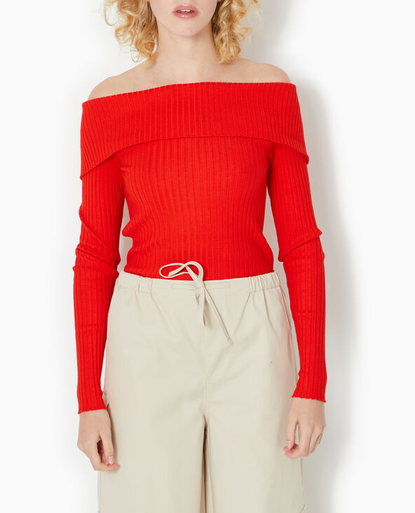 Pull maille côtelée encolure Bardot rouge - Pimkie