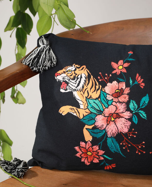Coussin tigres et fleurs noir - Pimkie