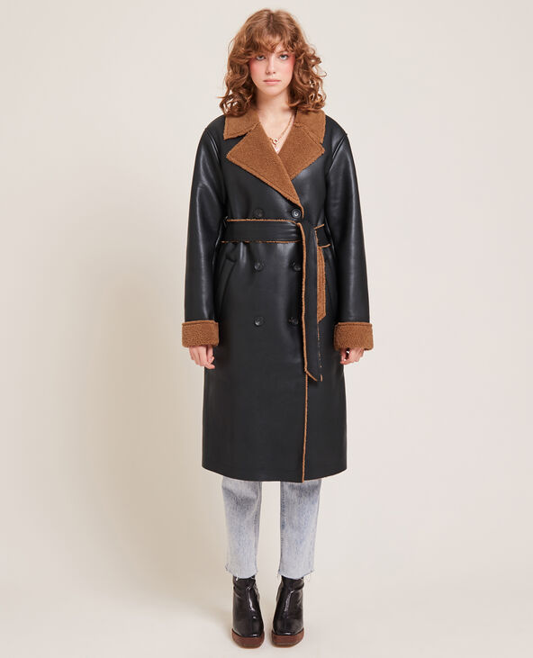 Manteau long simili et sherpa noir - Pimkie