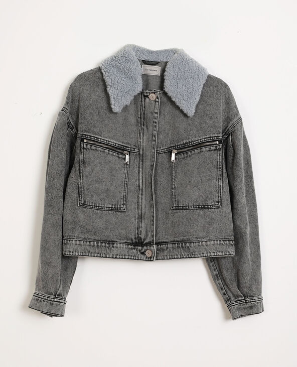 Blouson en jean col fourrure gris - Pimkie