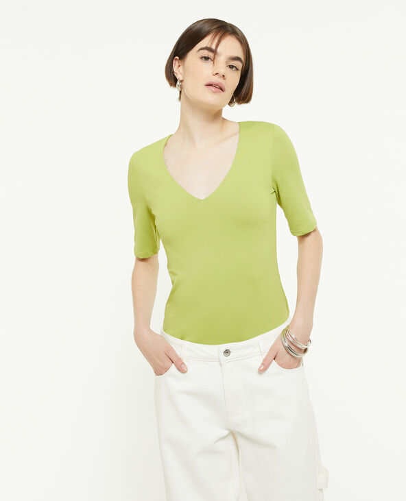 Top col V en maille vert kaki - Pimkie