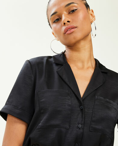Chemise cropped en satin noir - Pimkie