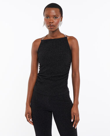 Top matière brillante avec bretelles strass noir - Pimkie