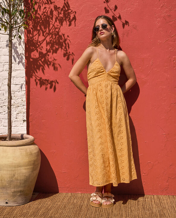 Robe longue en broderie anglaise bretelles croisées orange - Pimkie