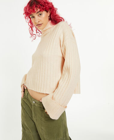 Pull court col roulé en maille côtes plates beige - Pimkie