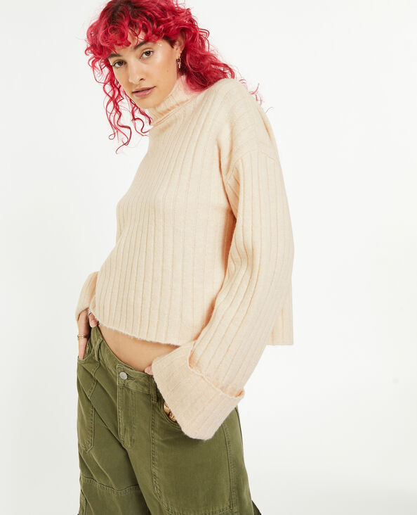 Pull court col roulé en maille côtes plates beige - Pimkie