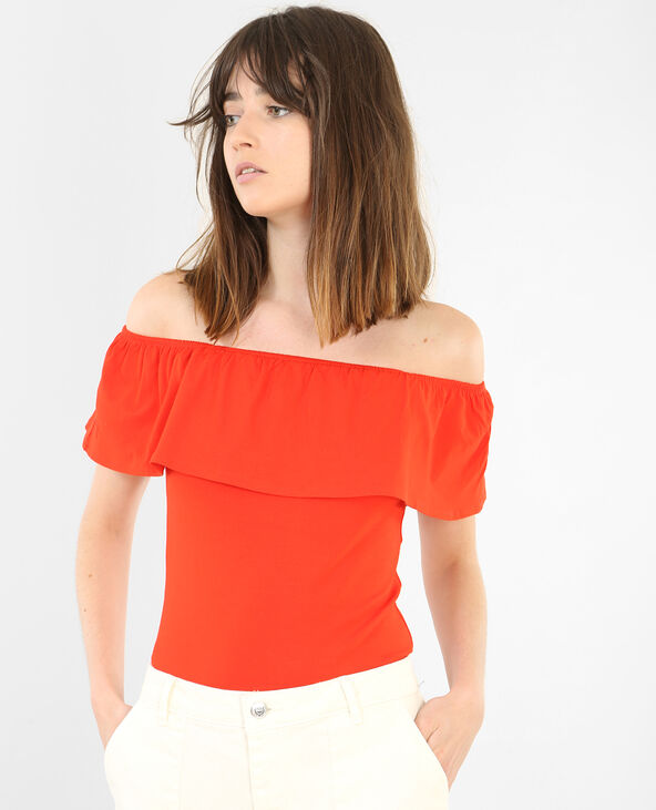 Top à volants col bardot rouge - Pimkie